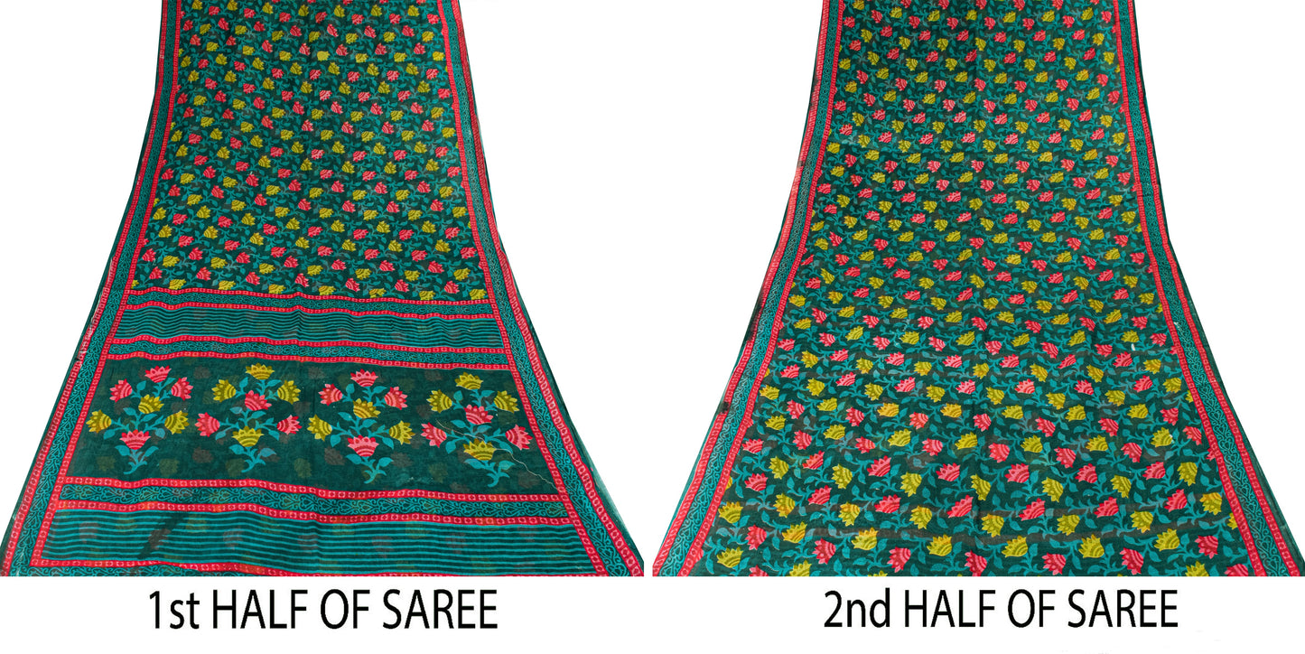Sanskriti Vintage Green Pure Cotton Saree Folk Inspired Modern Textile Sari 5+YD