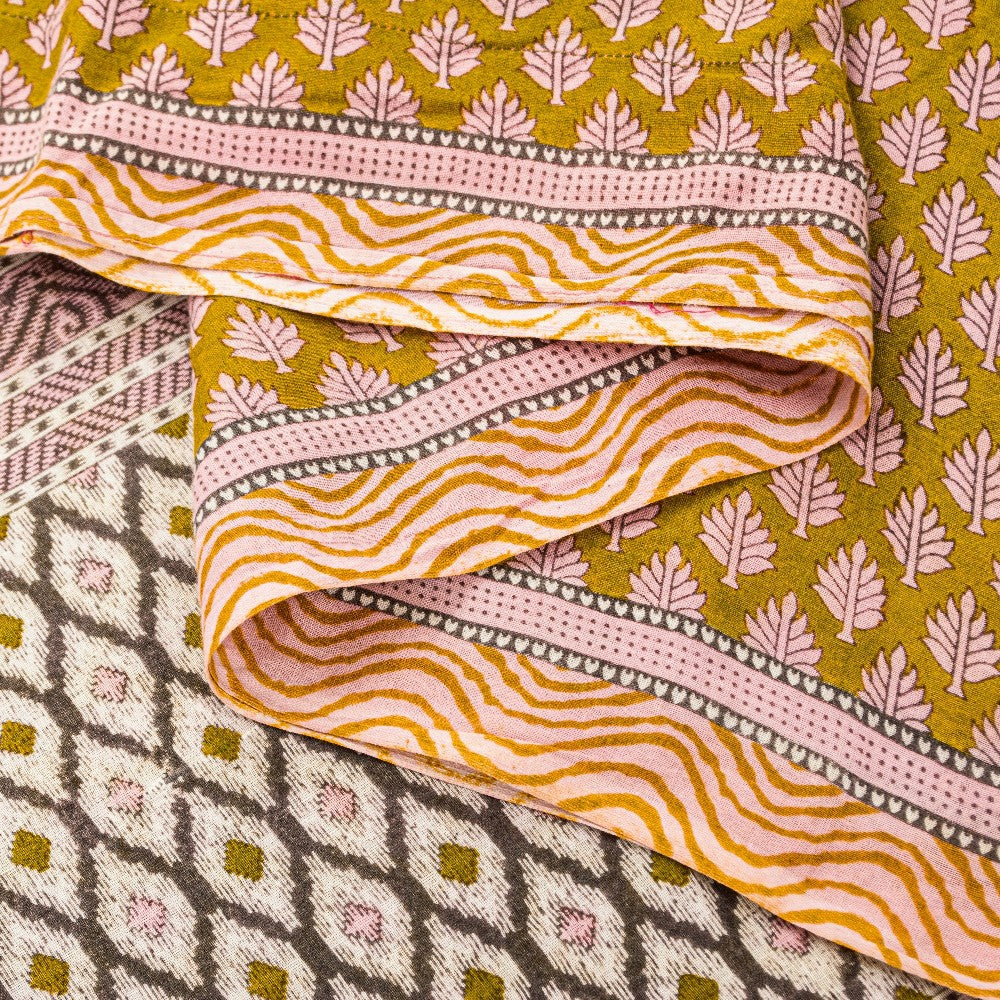 Sanskriti Vintage Green & White Pure Cotton Sarees Fabric 5+YD Ikat Printed Sari