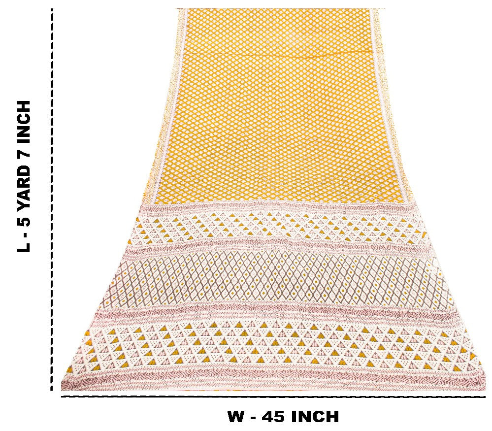 Sanskriti Vintage Green & White Pure Cotton Sarees Fabric 5+YD Ikat Printed Sari