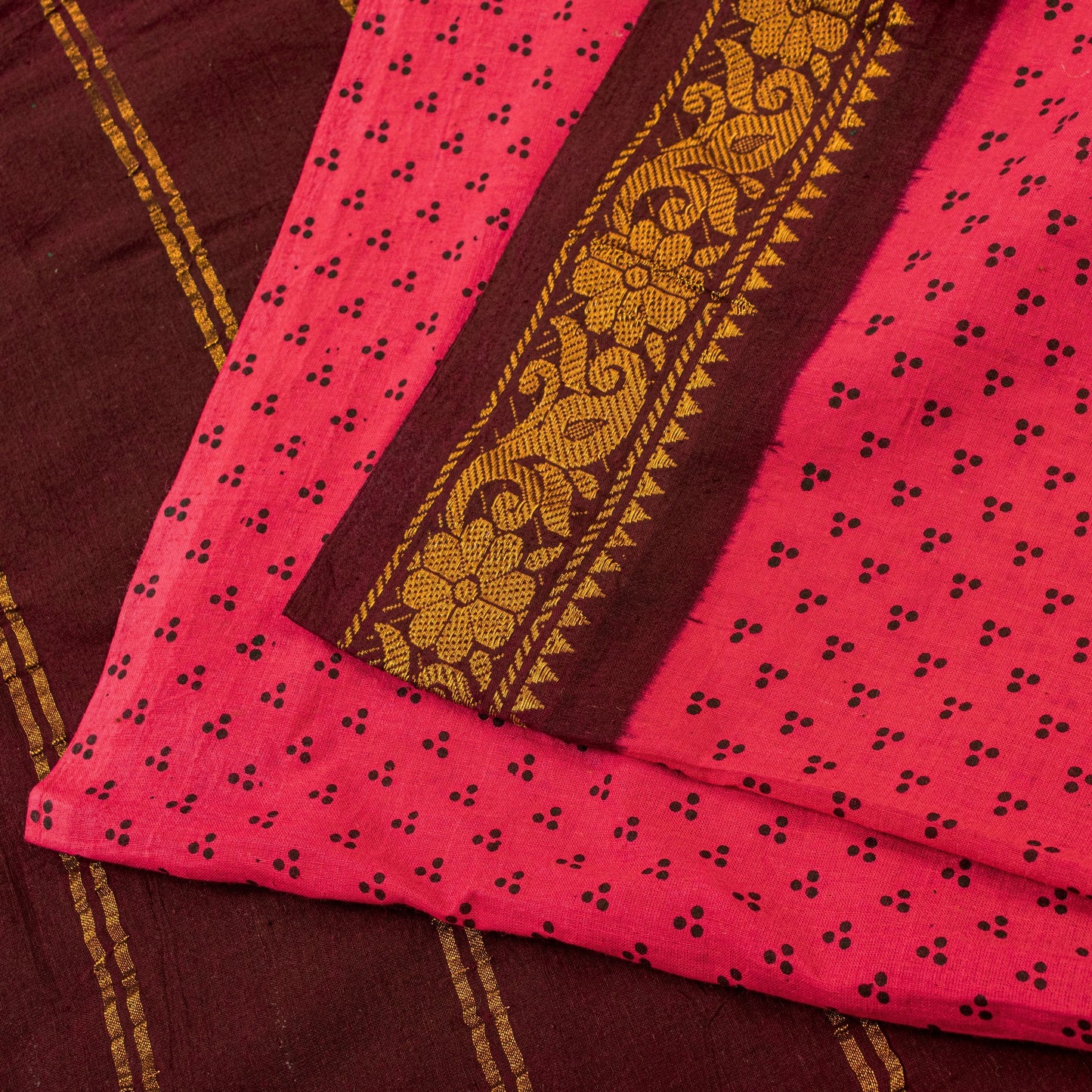 Sanskriti Vintage Sarees Fabric Pink & Brown Pure Cotton Print & Zari 5+yd Sari