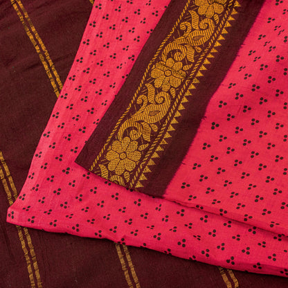 Sanskriti Vintage Sarees Fabric Pink & Brown Pure Cotton Print & Zari 5+yd Sari