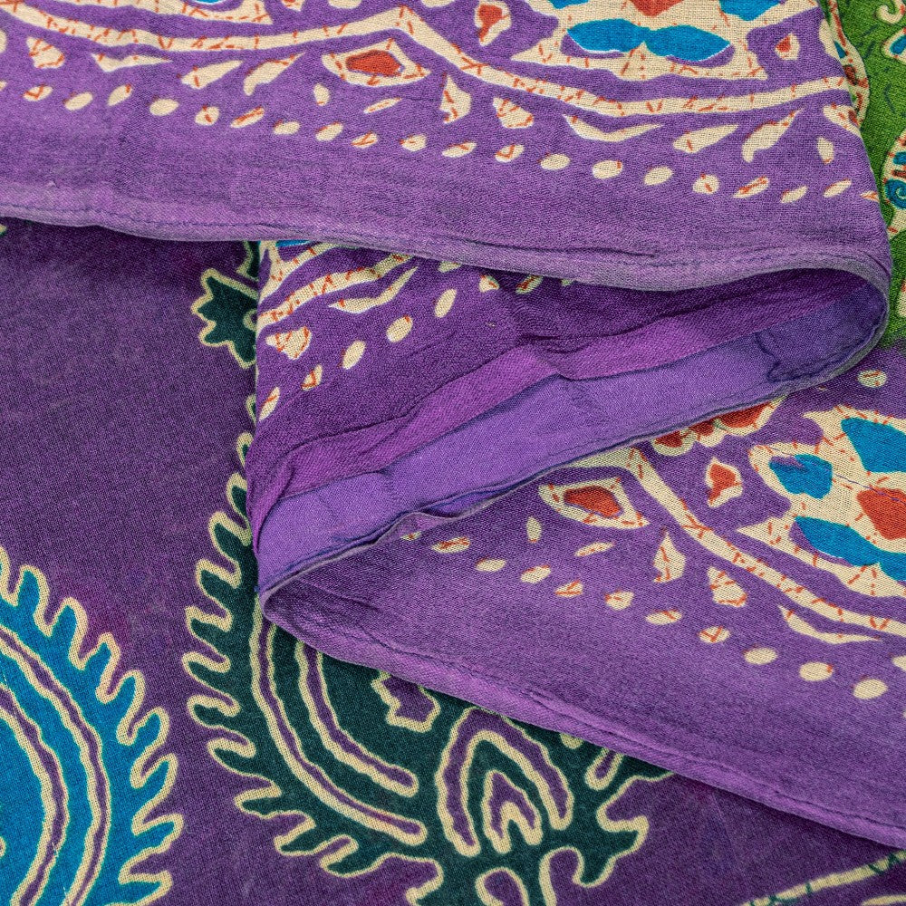Sanskriti Vintage Saree Green-Purple Pure Cotton Tribal Print Sari 5+YD Fabric