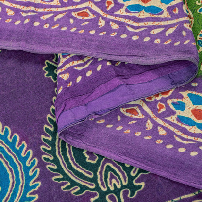 Sanskriti Vintage Saree Green-Purple Pure Cotton Tribal Print Sari 5+YD Fabric