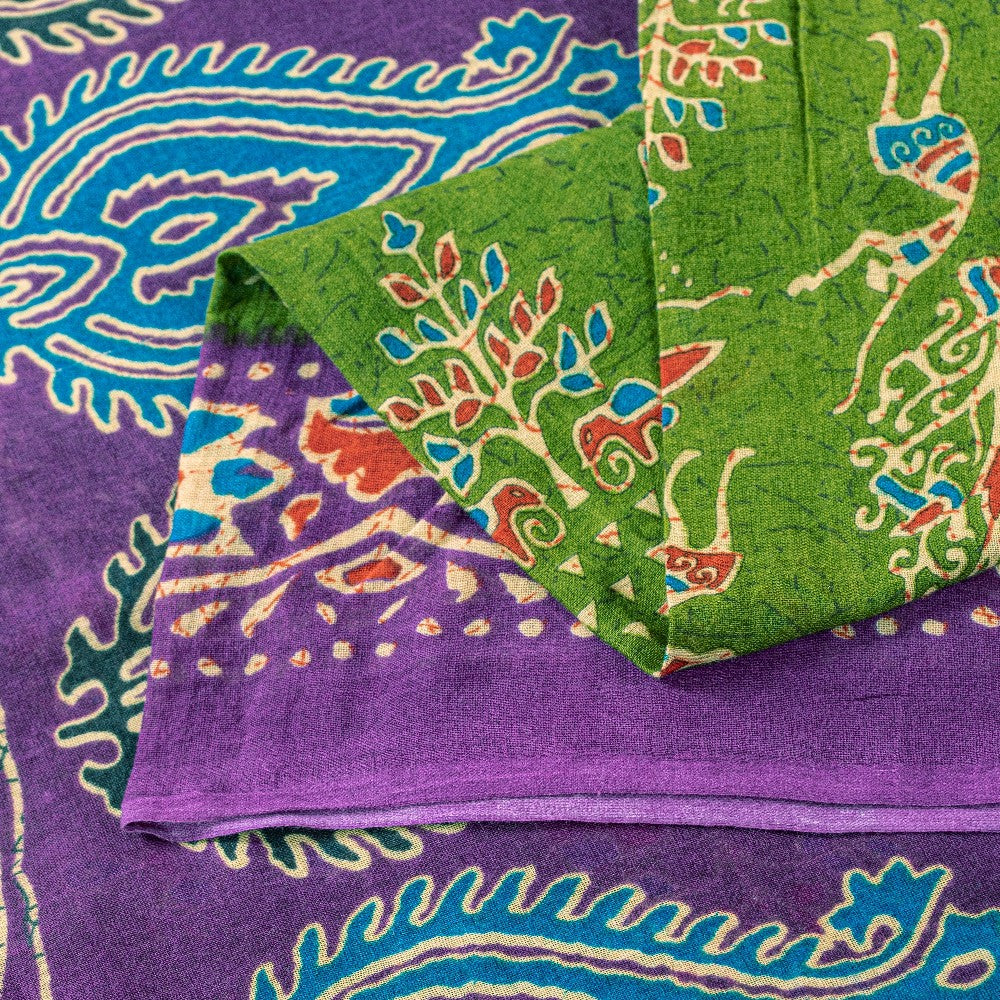 Sanskriti Vintage Saree Green-Purple Pure Cotton Tribal Print Sari 5+YD Fabric