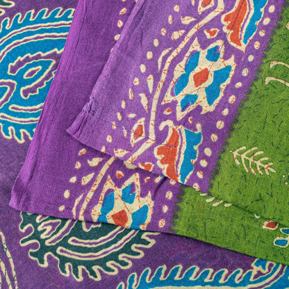 Sanskriti Vintage Saree Green-Purple Pure Cotton Tribal Print Sari 5+YD Fabric