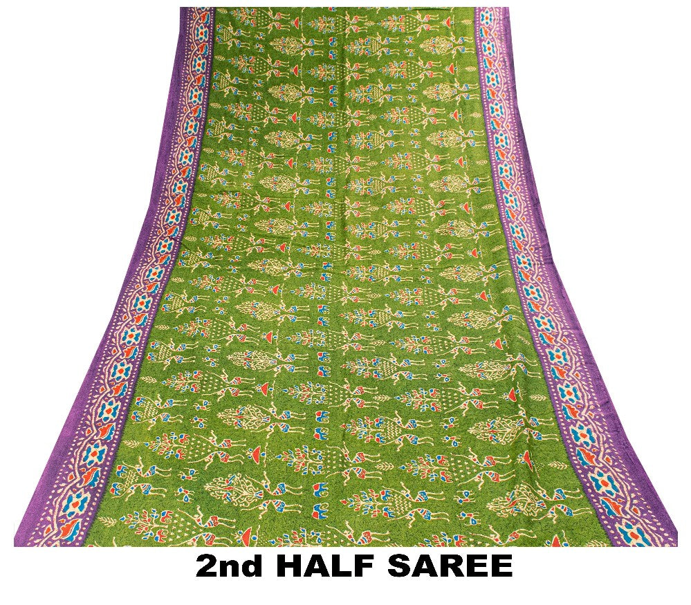 Sanskriti Vintage Saree Green-Purple Pure Cotton Tribal Print Sari 5+YD Fabric