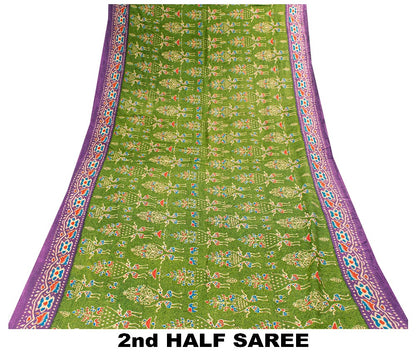 Sanskriti Vintage Saree Green-Purple Pure Cotton Tribal Print Sari 5+YD Fabric