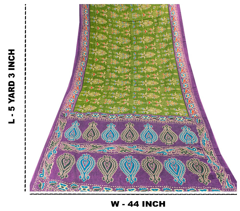 Sanskriti Vintage Saree Green-Purple Pure Cotton Tribal Print Sari 5+YD Fabric