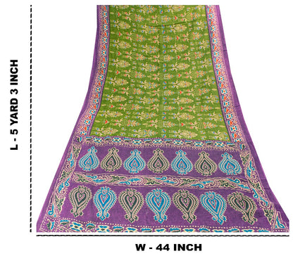 Sanskriti Vintage Saree Green-Purple Pure Cotton Tribal Print Sari 5+YD Fabric