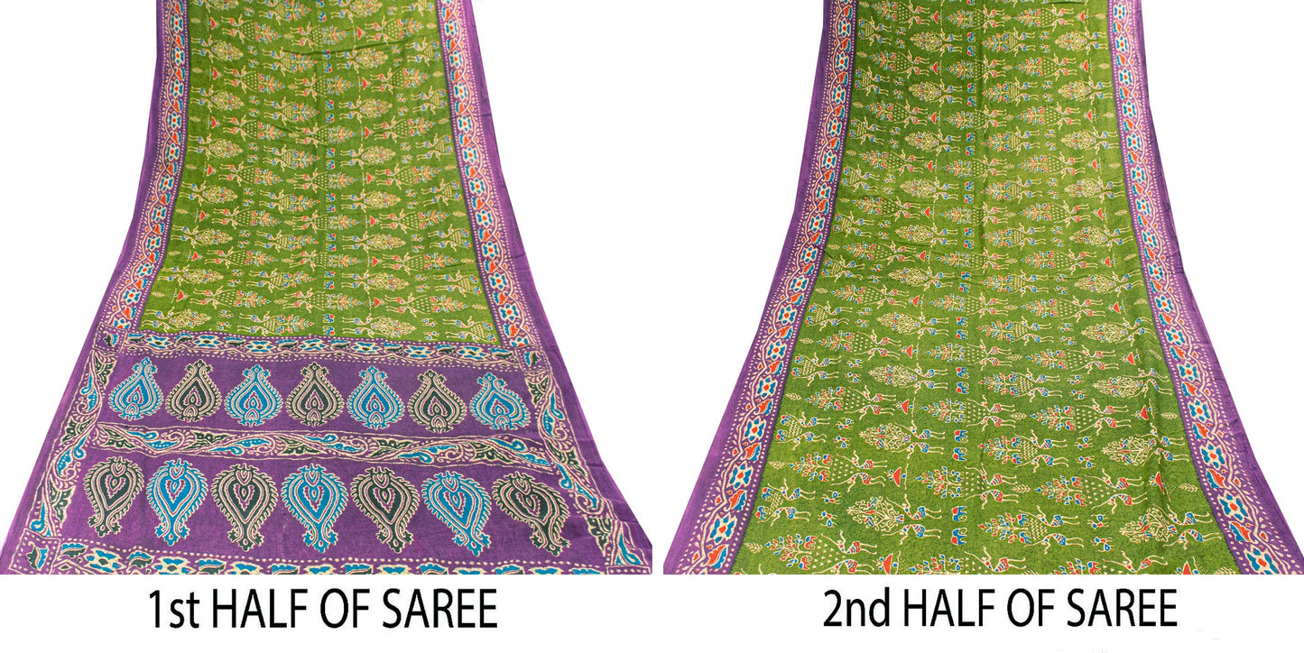 Sanskriti Vintage Saree Green-Purple Pure Cotton Tribal Print Sari 5+YD Fabric