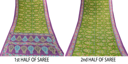 Sanskriti Vintage Saree Green-Purple Pure Cotton Tribal Print Sari 5+YD Fabric