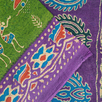 Sanskriti Vintage Saree Green-Purple Pure Cotton Tribal Print Sari 5+YD Fabric