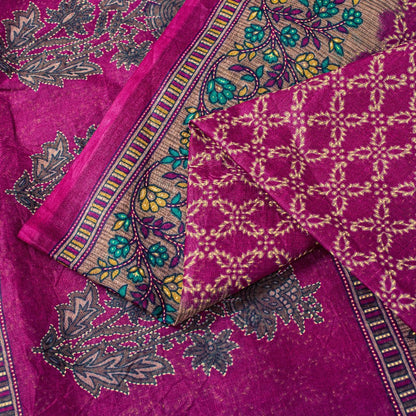 Sanskriti Vintage Craft Sarees Purple Pure Cotton Floral Kantha Print 5+YD Sari