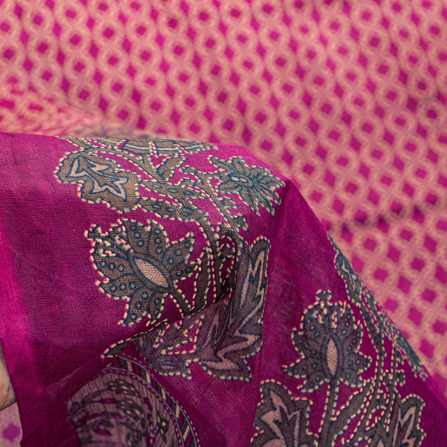 Sanskriti Vintage Craft Sarees Purple Pure Cotton Floral Kantha Print 5+YD Sari