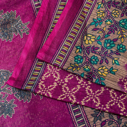 Sanskriti Vintage Craft Sarees Purple Pure Cotton Floral Kantha Print 5+YD Sari