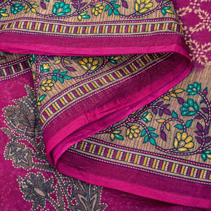 Sanskriti Vintage Craft Sarees Purple Pure Cotton Floral Kantha Print 5+YD Sari