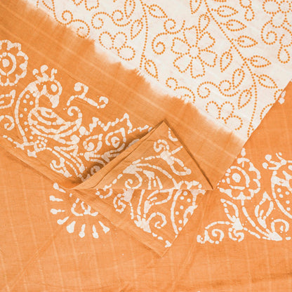 Sanskriti Vintage Sarees White & Brown Pure Cotton Peacock Batik Work 5+YD Sari