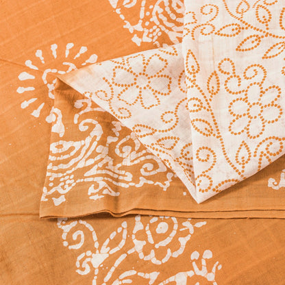 Sanskriti Vintage Sarees White & Brown Pure Cotton Peacock Batik Work 5+YD Sari