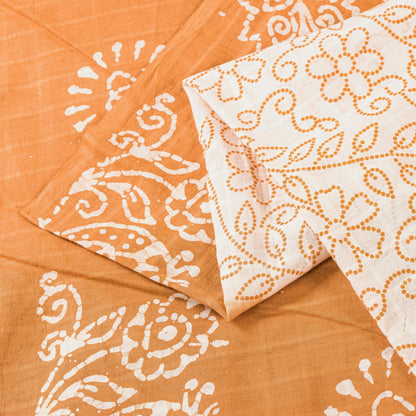 Sanskriti Vintage Sarees White & Brown Pure Cotton Peacock Batik Work 5+YD Sari