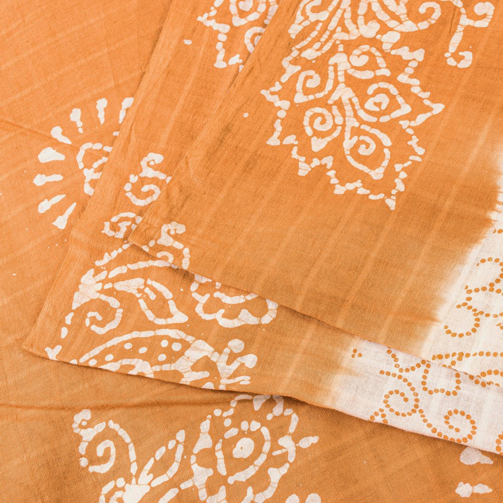 Sanskriti Vintage Sarees White & Brown Pure Cotton Peacock Batik Work 5+YD Sari