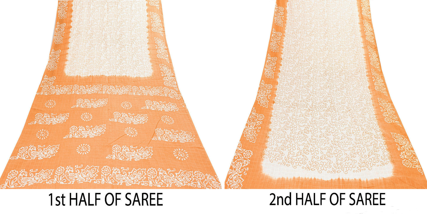 Sanskriti Vintage Sarees White & Brown Pure Cotton Peacock Batik Work 5+YD Sari