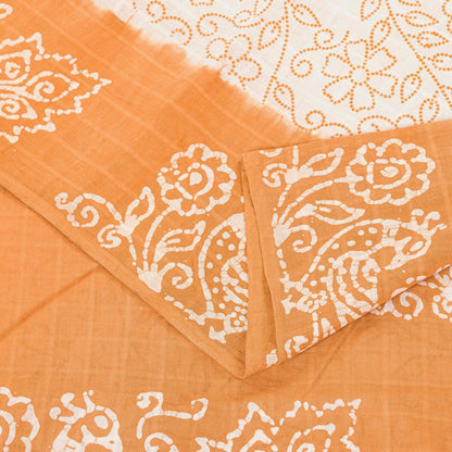 Sanskriti Vintage Sarees White & Brown Pure Cotton Peacock Batik Work 5+YD Sari