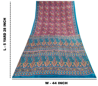 Sanskriti Vintage Saree Pink-Blue Pure Cotton Floral Printed Sari Fabric 5+Yard