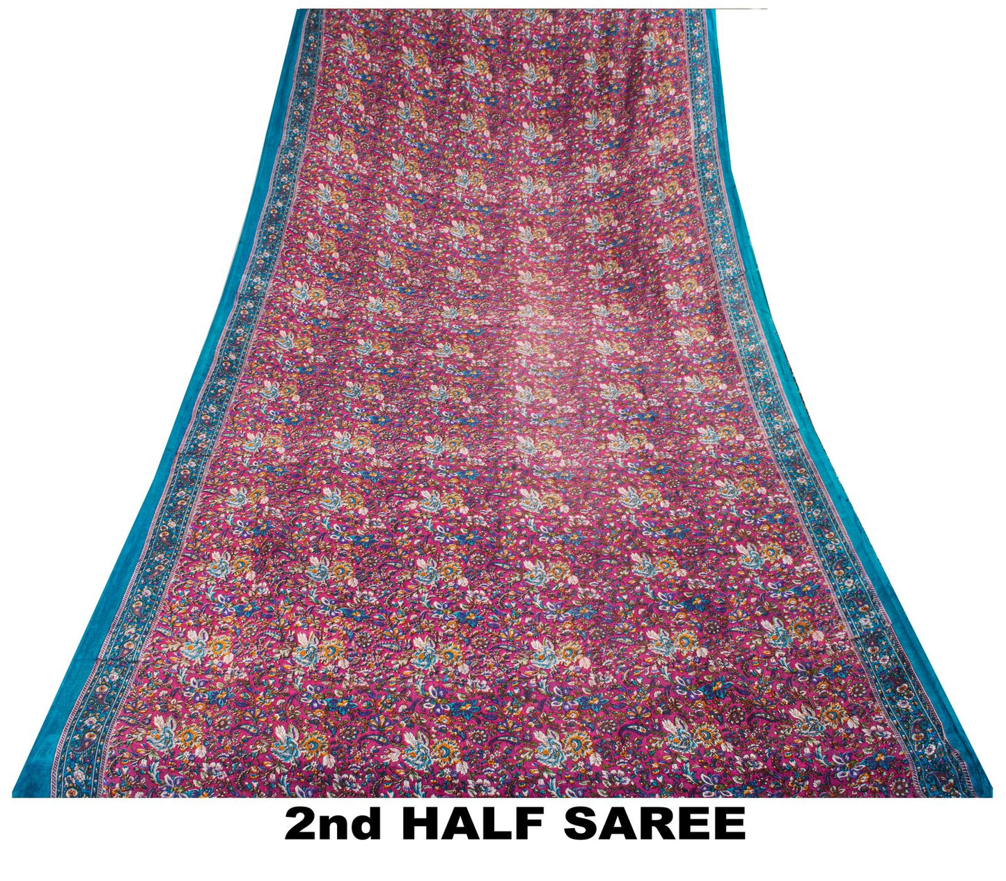 Sanskriti Vintage Saree Pink-Blue Pure Cotton Floral Printed Sari Fabric 5+Yard