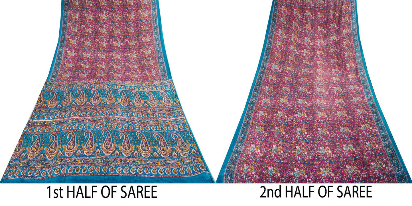 Sanskriti Vintage Saree Pink-Blue Pure Cotton Floral Printed Sari Fabric 5+Yard
