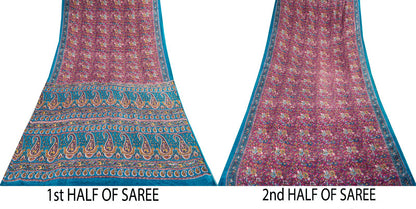 Sanskriti Vintage Saree Pink-Blue Pure Cotton Floral Printed Sari Fabric 5+Yard