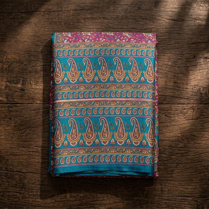 Sanskriti Vintage Saree Pink-Blue Pure Cotton Floral Printed Sari Fabric 5+Yard