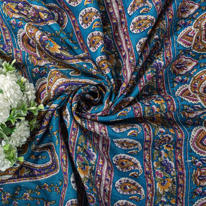 Sanskriti Vintage Saree Pink-Blue Pure Cotton Floral Printed Sari Fabric 5+Yard