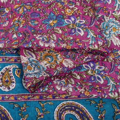Sanskriti Vintage Saree Pink-Blue Pure Cotton Floral Printed Sari Fabric 5+Yard