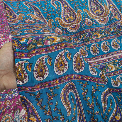 Sanskriti Vintage Saree Pink-Blue Pure Cotton Floral Printed Sari Fabric 5+Yard