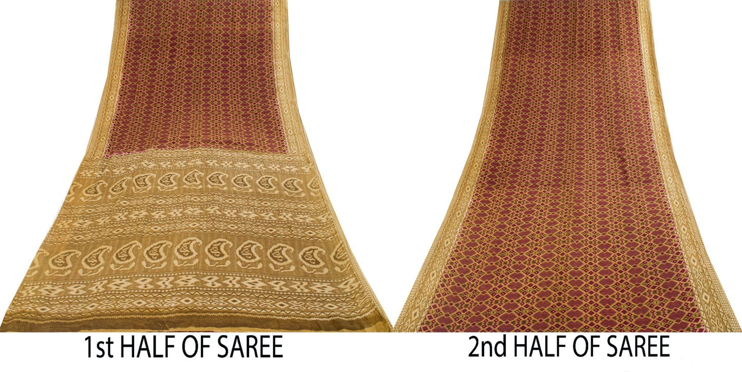Sanskriti Vintage Saree Purple 100%Pure Cotton Ikat Printed Sari Fabric 5.5+Yard