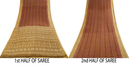 Sanskriti Vintage Saree Purple 100%Pure Cotton Ikat Printed Sari Fabric 5.5+Yard