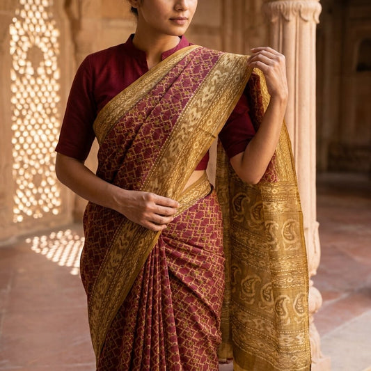 Sanskriti Vintage Saree Purple 100%Pure Cotton Ikat Printed Sari Fabric 5.5+Yard