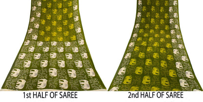 Sanskriti Vintage Saree Green 100% Pure Cotton Elephant Print Sari Fabric 5+Yard