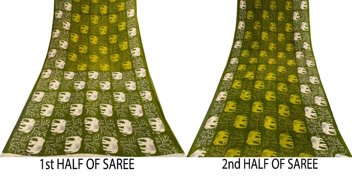 Sanskriti Vintage Saree Green 100% Pure Cotton Elephant Print Sari Fabric 5+Yard