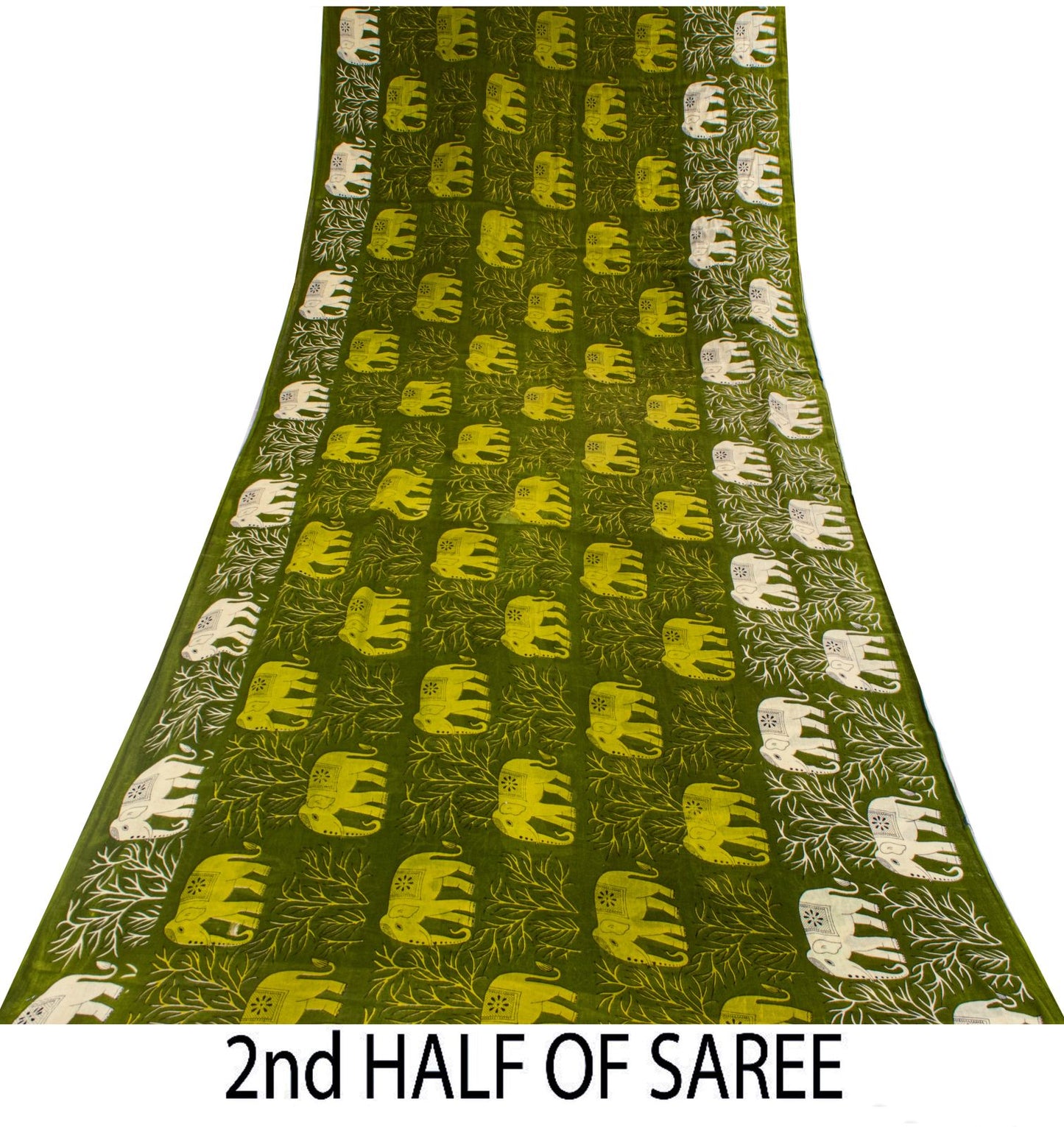 Sanskriti Vintage Saree Green 100% Pure Cotton Elephant Print Sari Fabric 5+Yard
