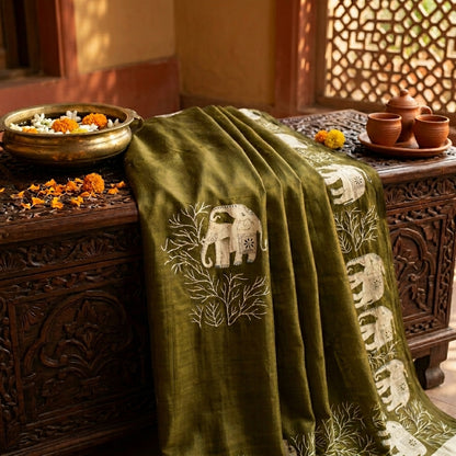 Sanskriti Vintage Saree Green 100% Pure Cotton Elephant Print Sari Fabric 5+Yard