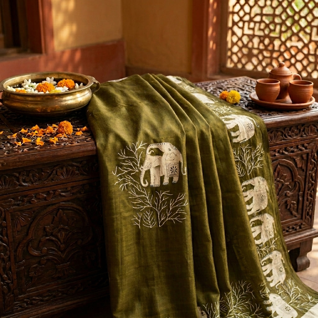 Sanskriti Vintage Saree Green 100% Pure Cotton Elephant Print Sari Fabric 5+Yard