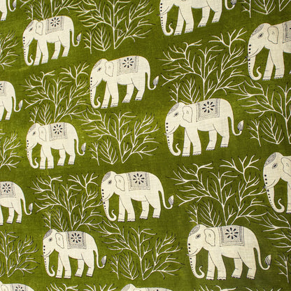 Sanskriti Vintage Saree Green 100% Pure Cotton Elephant Print Sari Fabric 5+Yard