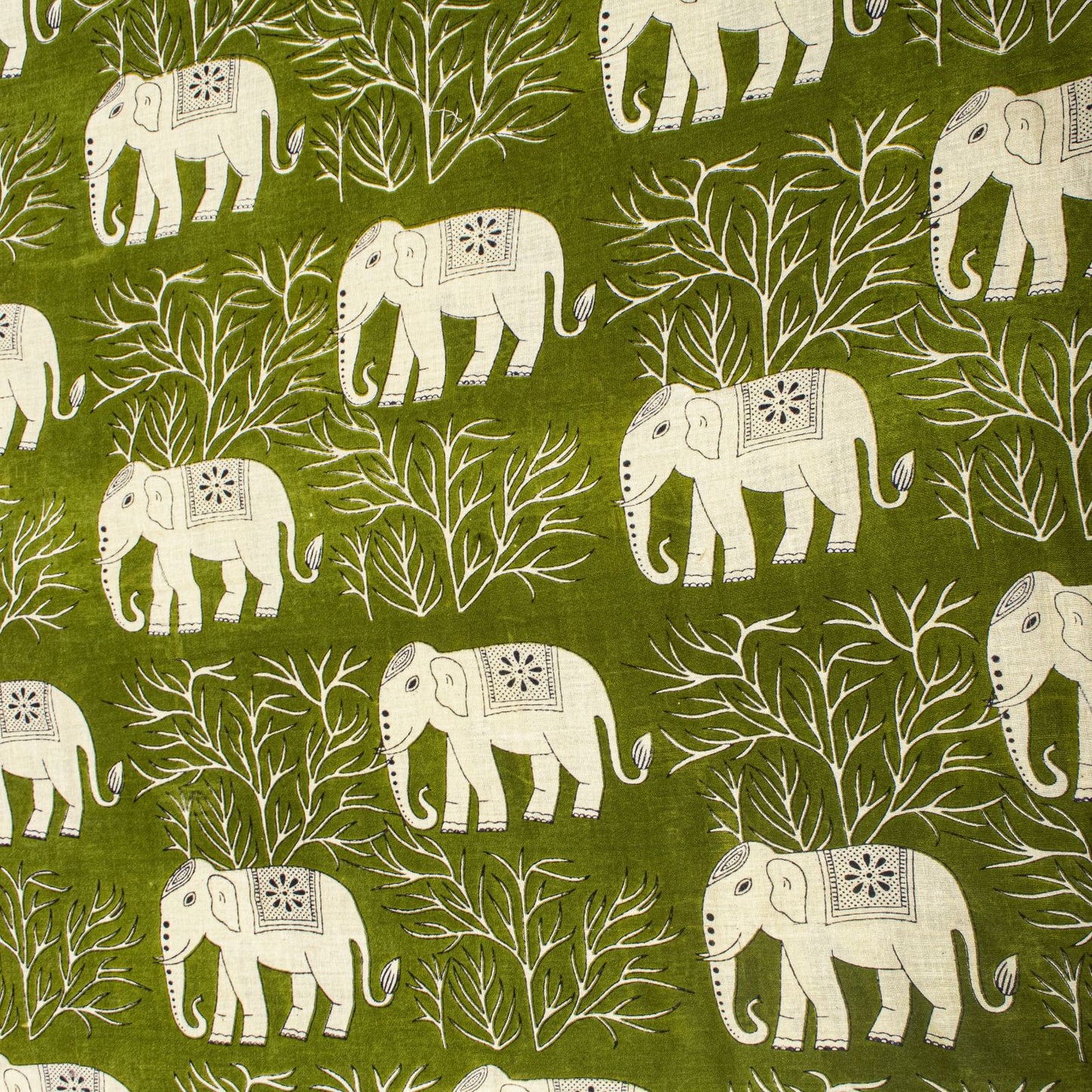 Sanskriti Vintage Saree Green 100% Pure Cotton Elephant Print Sari Fabric 5+Yard