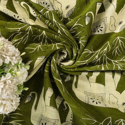 Sanskriti Vintage Saree Green 100% Pure Cotton Elephant Print Sari Fabric 5+Yard