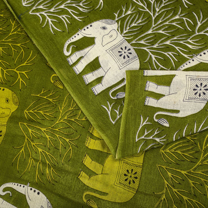 Sanskriti Vintage Saree Green 100% Pure Cotton Elephant Print Sari Fabric 5+Yard