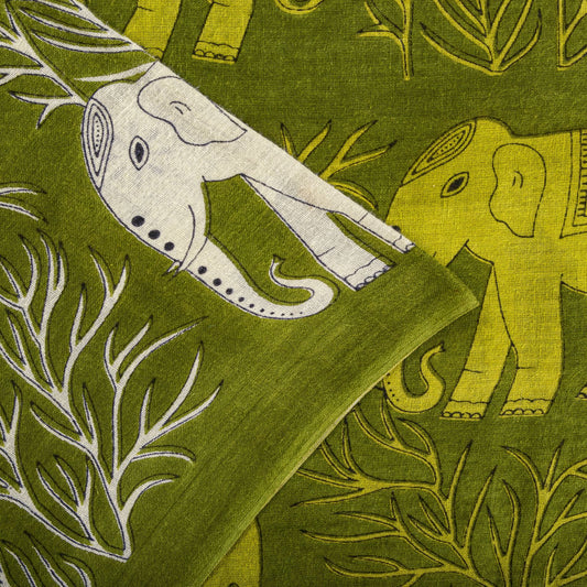 Sanskriti Vintage Saree Green 100% Pure Cotton Elephant Print Sari Fabric 5+Yard