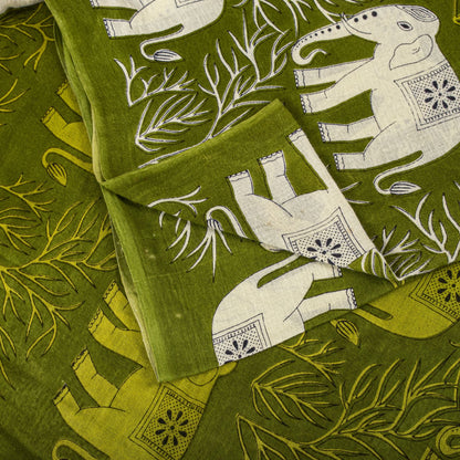 Sanskriti Vintage Saree Green 100% Pure Cotton Elephant Print Sari Fabric 5+Yard
