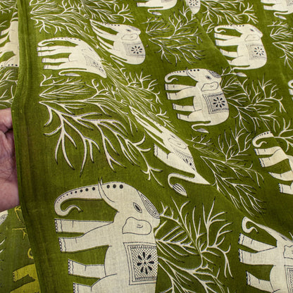 Sanskriti Vintage Saree Green 100% Pure Cotton Elephant Print Sari Fabric 5+Yard
