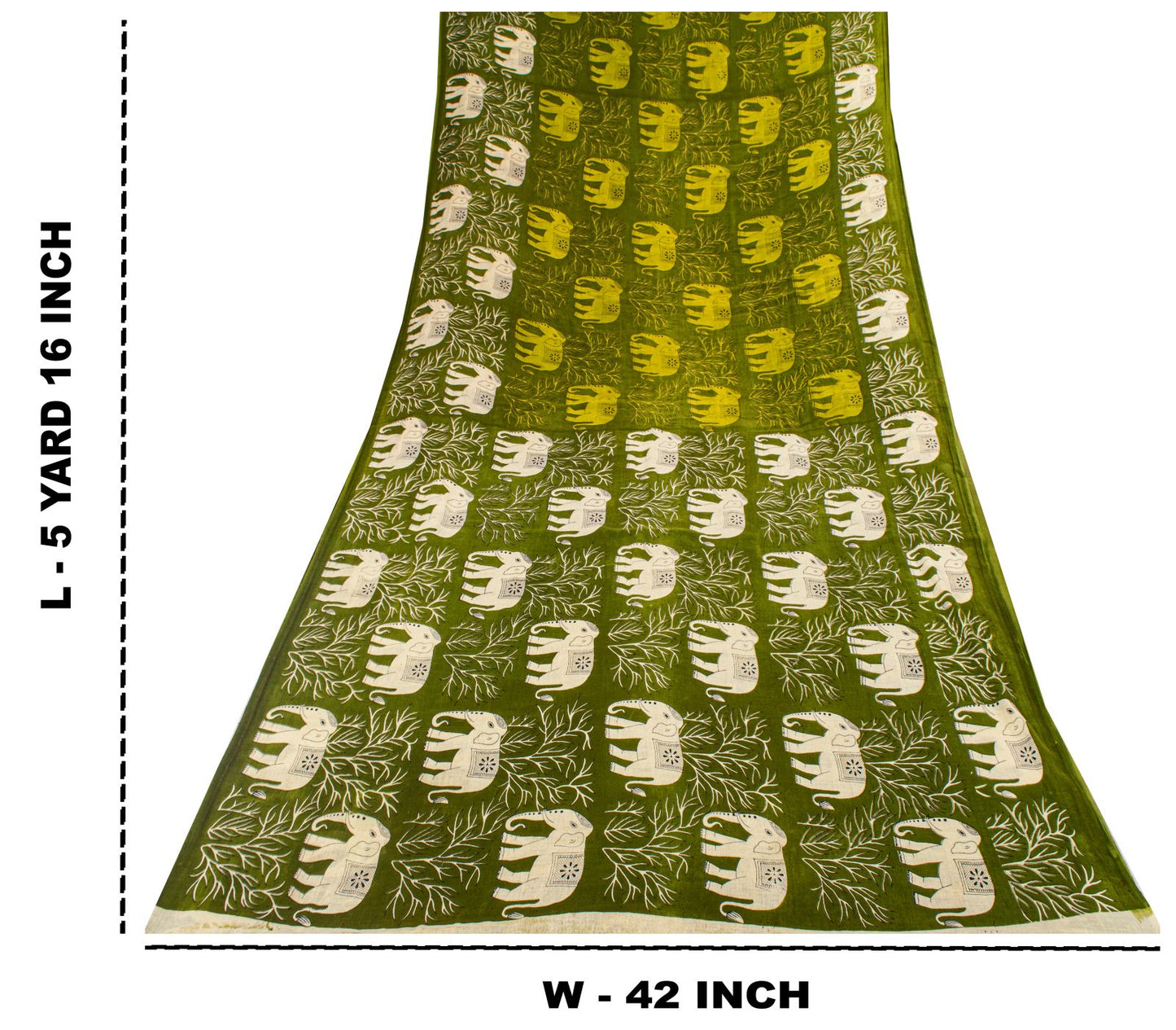 Sanskriti Vintage Saree Green 100% Pure Cotton Elephant Print Sari Fabric 5+Yard